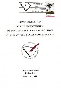 SC Bicentennial FDC Ceremony Program #2343 E1 South Carolina 2nd Day Cancel 1988