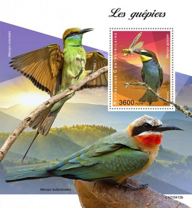 Central Africa - 2021 European Bee-eater Bird - Stamp Souvenir Sheet - CA210412b 