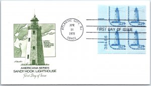 US COVER FIRST DAY OF ISSUE SANDY HOOK LIGHTHOUSE PLATE BLOCK OF (4) 1978