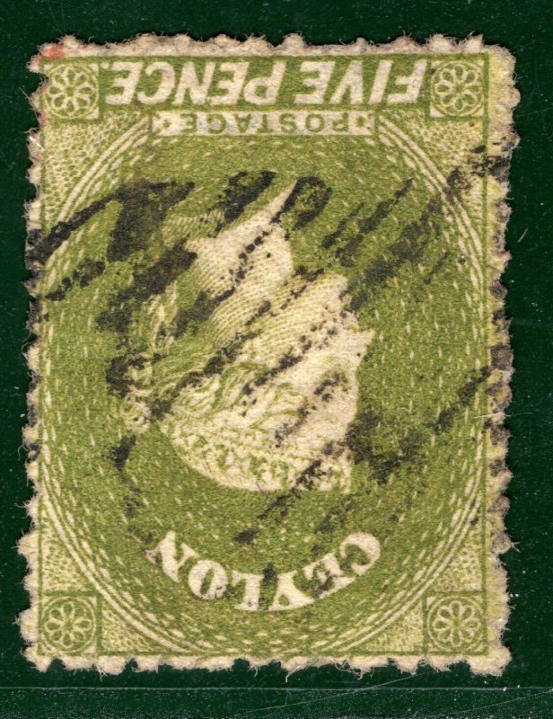 CEYLON QV Classic SG.54bvar 5d Yellow-Olive *WMK INVERTED & REVERSED* SBLUE26