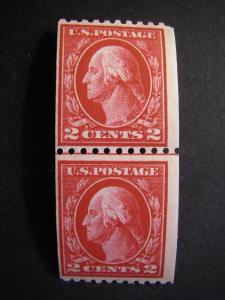 Scott 442, 2c Washington vert coil, MNH LINE PAIR shift left