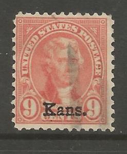 U.S., 667, USED/NO GUM, KANSAS OVERPRINT