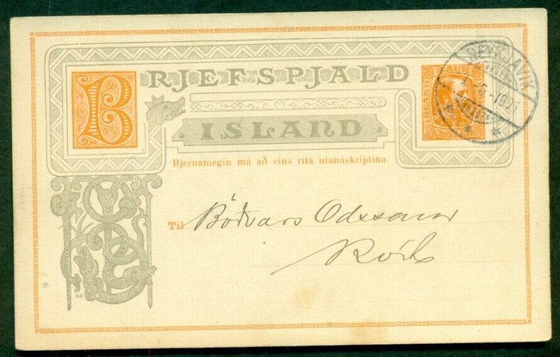 ICELAND Single Card #18 3aur Chr. IX, local use tied Reykjavik 1905, VF