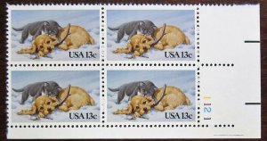 1982 Kitten & Puppy Playing Plate Block of 4 13c Postage Stamps, Sc#2025, MNH,OG