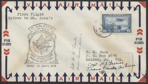 1942 Pilot Signed Flight Cover Sydney NS to St John's Newfoundland #4205c