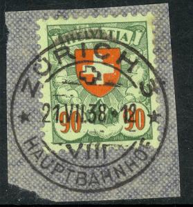 SWITZERLAND 1924 90c Coat of Arms Sc 200 VFU on Piece