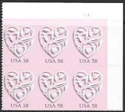 US #4152 MNH Plate Block of 6  Wedding Hearts.  Self Adhesive.