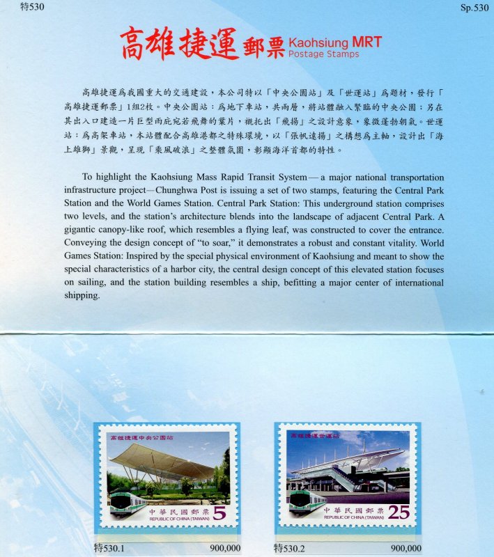 Taiwan 2009 KAOHSIUNG MRT two Postage Stamps in Presentation Folder