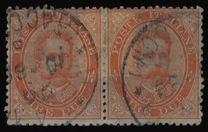 Italy #51 (Sass. 43) Cat€1,800, 1879 2L vermilion, horizontal pair, used, w...