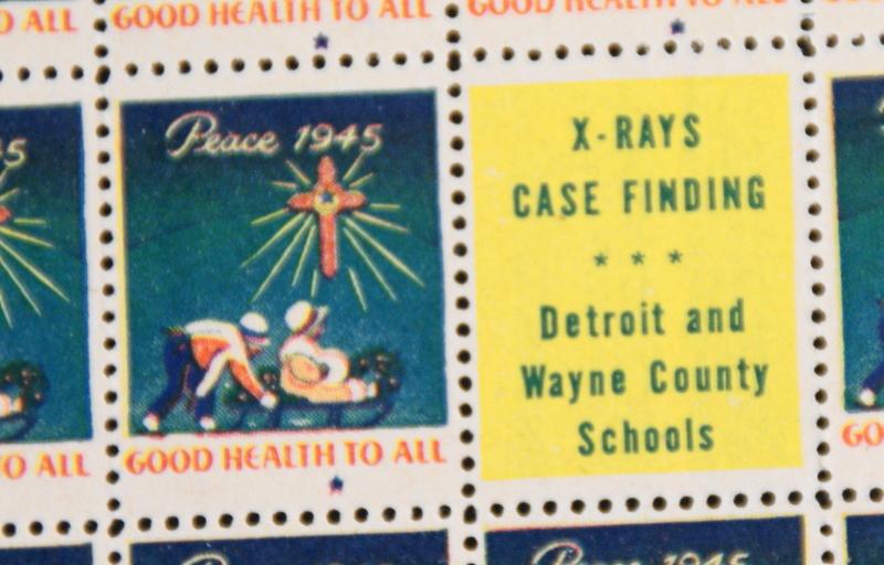 1945 Detroit Tuberculosis Sanatorium Label, Cinderella Stamp Full Sheet of 100