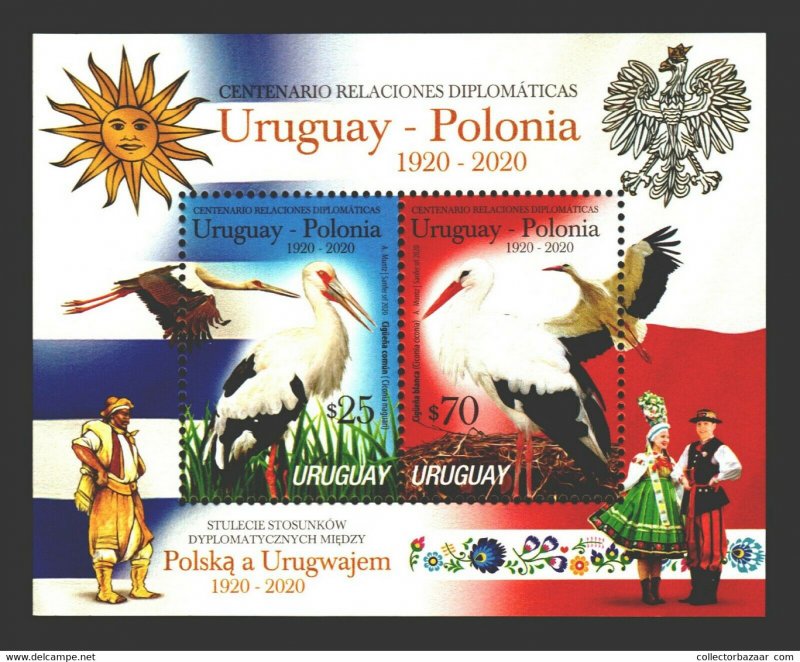 Uruguay Poland Bird stork typical costumes embroiders flags MNH Uruguay S/S