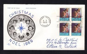 Canada #502 block (1969 5c Christmas) Rosecraft-A cachet FDC addressed - pen