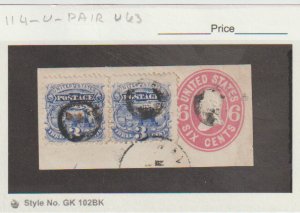 US Scott #114 Pair on Part of U63 Cut Square Locomotive Used with  Fancy Cancel