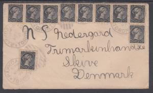 Canada Sc 34, used. 10 ½c black QV in strips & singles on 1897 Cover to Denmark