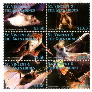 ST VINCENT GREN MNH BLOCK OF 6   BATS BIN $5.00