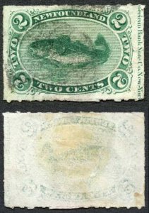 Newfoundland SG41 2c Bluish Green Rouletted Inscriptional used Cat 50++ Pounds