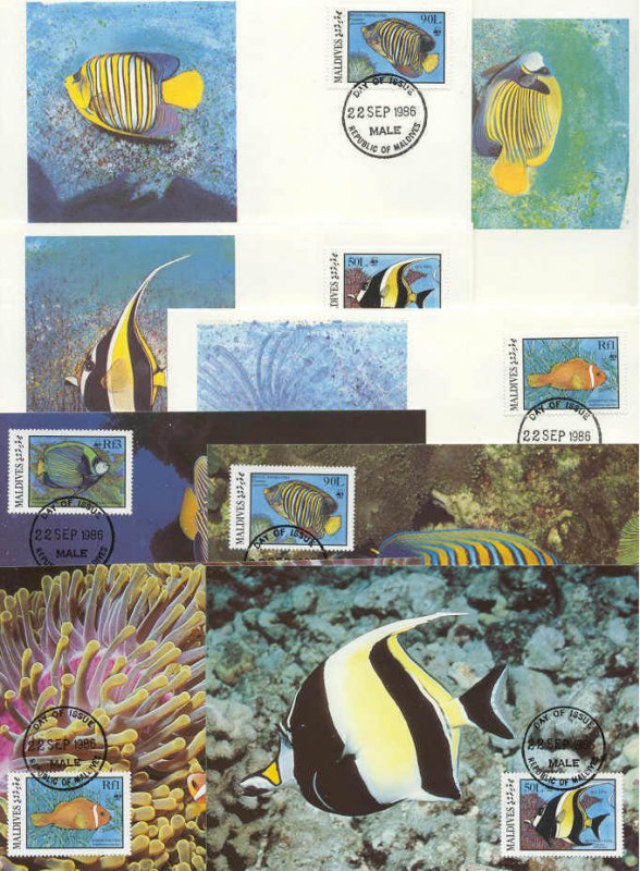 Maldives 8 FDC/cards WWF/Fishes 1986