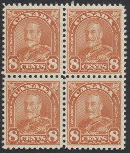 Canada #172 8c George V Arch Red Orange Block of 4 VF Mint OG LH