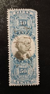 US #R115 Used 50c Documentary Revenue Stamp Blue & Black Upper R Corner Fault VF