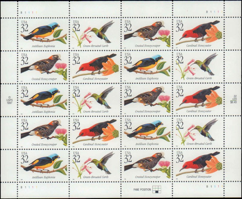 United States #3222-3225, Complete Set, Pane of 20, 1998, Birds, Flowers, Nev...