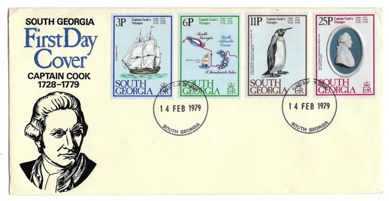 South Georgia Captain Cook Set of 1979 Scott 52-55 First Day Cover, Ship Penguin