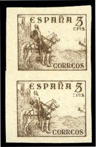 Spain #641P, 1936 El Cid, 5c brown, imperf. proof without imprint on gummed p...