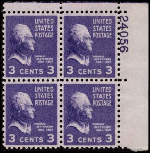 US #807 THOMAS JEFFERSON MNH UR PLATE BLOCK #24056 DURLAND .50¢