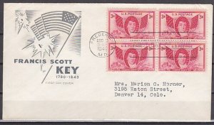 United States, Scott cat. 962. Francis Scott Key, Blk/4. First day cover. ^