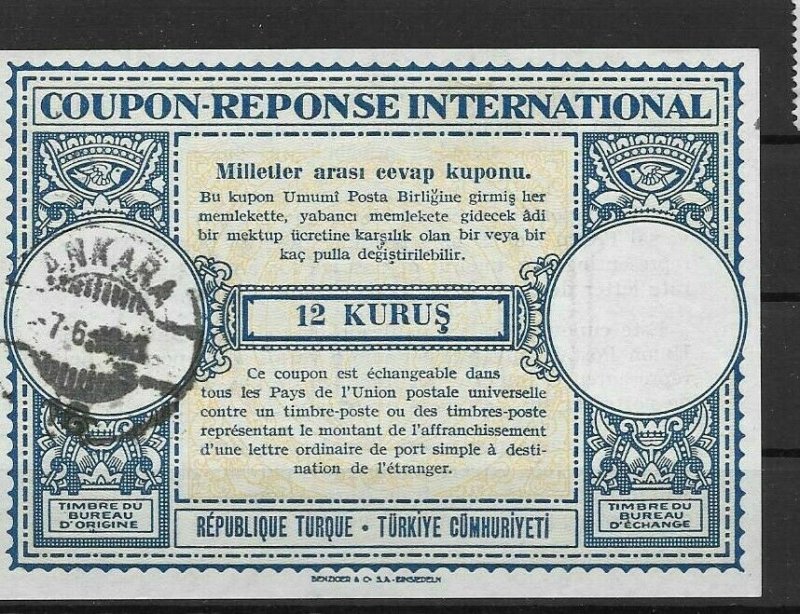 (K00) TURKEY - (IRC) INTERNATIONAL REPLY COUPON  (POSTMARKED ON 1943) 