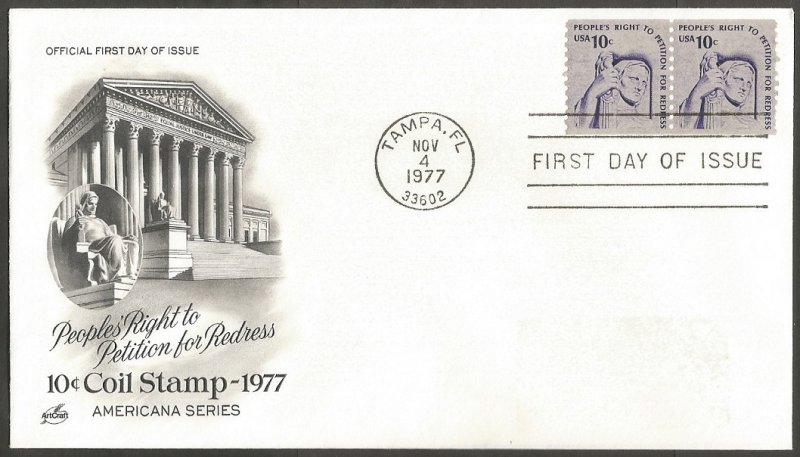 US FDC.1977 PEOPLES RIGHT TO PETITION FOR REDRESS 10C COIL STAMPS.TAMPA FL