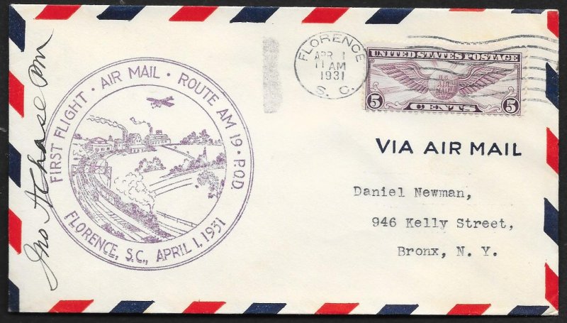UNITED STATES First Flight Cover c1931 Florence SC