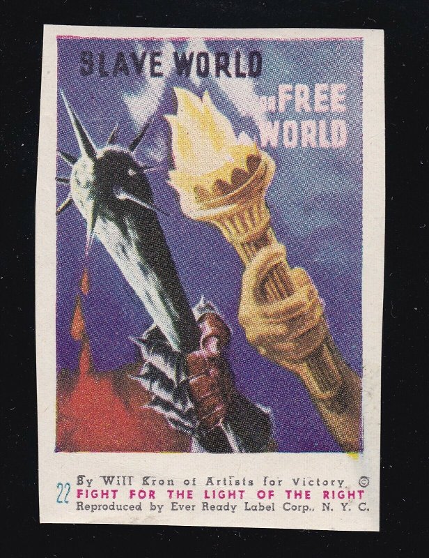 US Vintage WWII Patriotic Poster Stamp  Slave World or Free World M OG NH