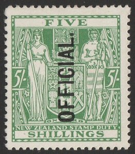 NEW ZEALAND 1927 OFFICIAL on Arms 5/- Postal Fiscal, single wmk. cat NZ $750.