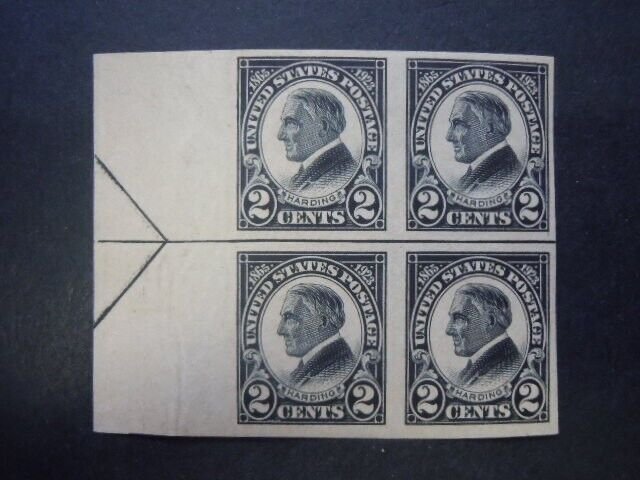 #611 2c Harding Imperforated Arrow Block of 4 MNH OG VF Includes New Mount