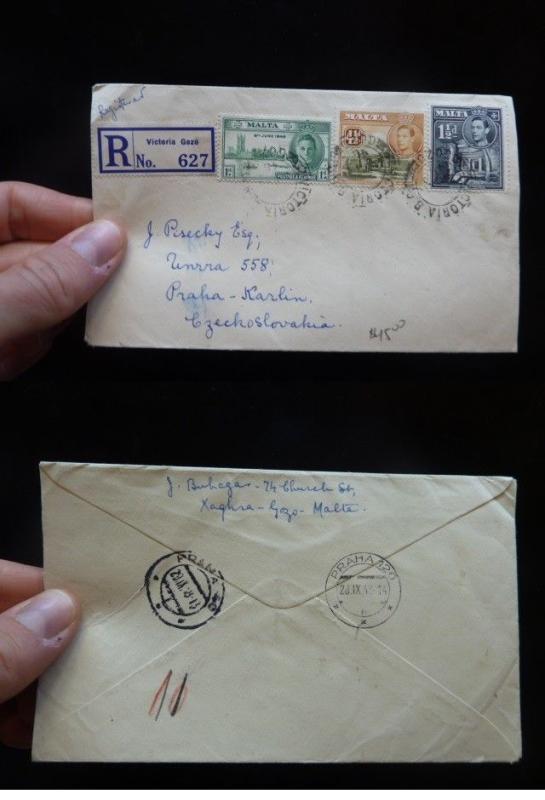 Malta KGVI 3 stamp Reg Cover Victoria Gozo to Czechoslovakia B/S (47bet)