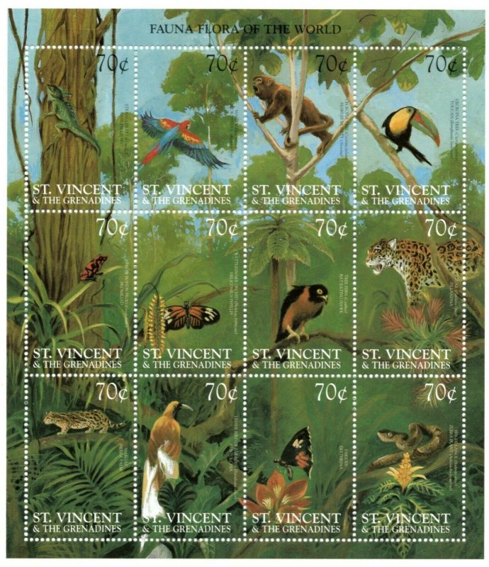 St. Vincent 1999 SC# 2684 Fauna & Flora Jungle Jaguar - Sheet of 12 Stamps - MNH 