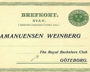 SWEDEN Postal Stationery *Bachelors Club* Reply Card 1913 {samwells} KK164