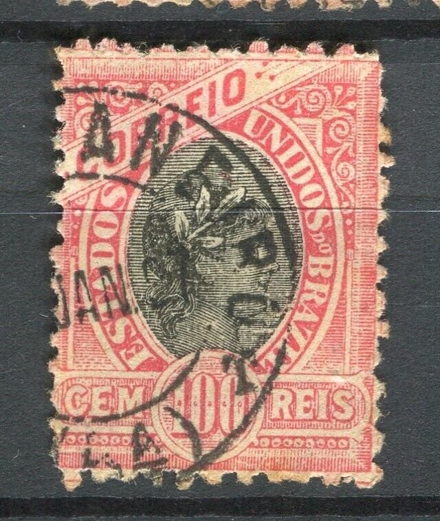 BRAZIL; 1890s Liberty Head issue used POSTMARK on 100r. value