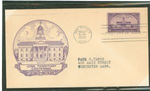 US 838 1938 3c Iowa Territory Centennial (single) on an addressed first day cover with a Purcell cachet.