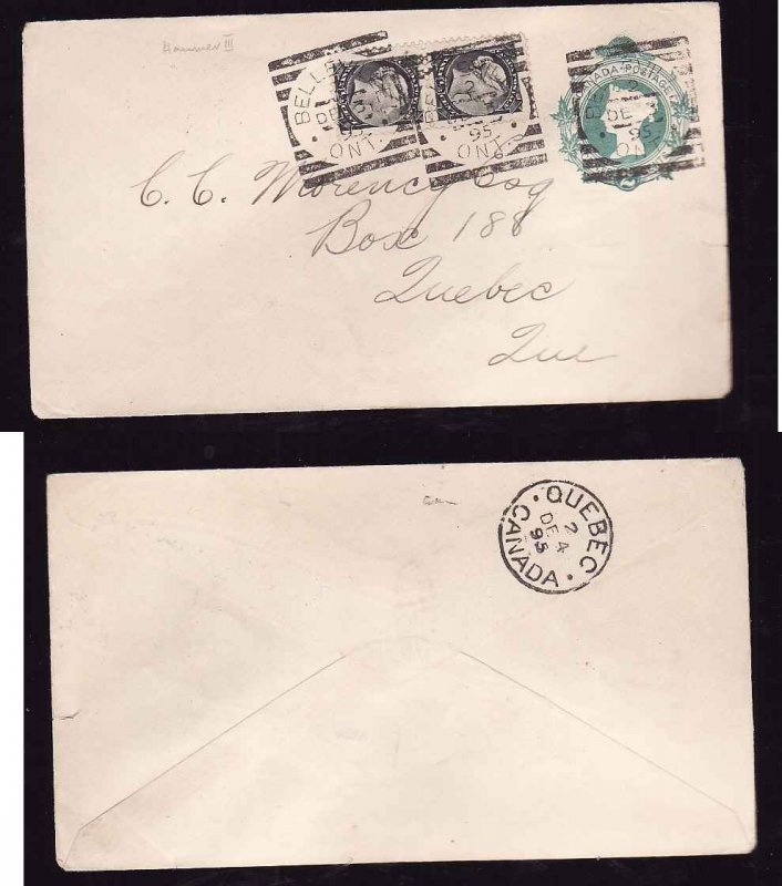 Canada #8952-2c QV stationery uprated with 1/2c(2) small queens-Belleville squar