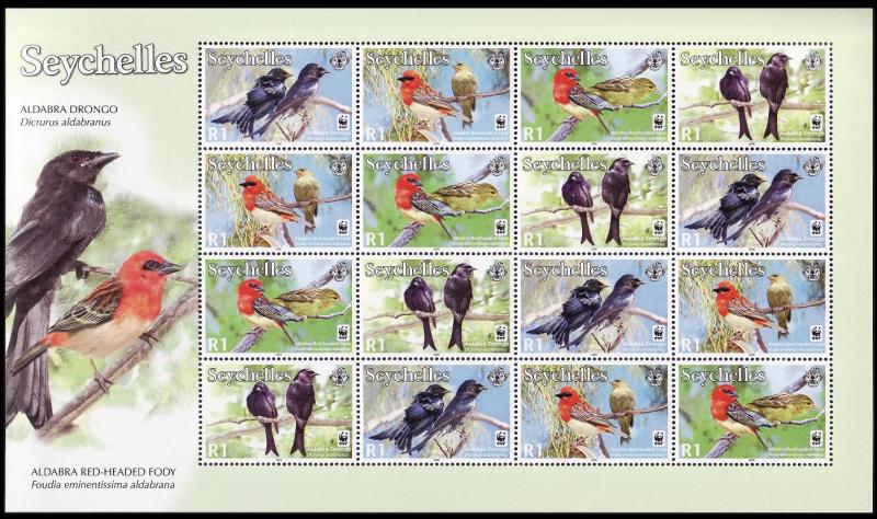 Seychelles WWF Aldabra Drongo and Aldabra Red-headed Fody...