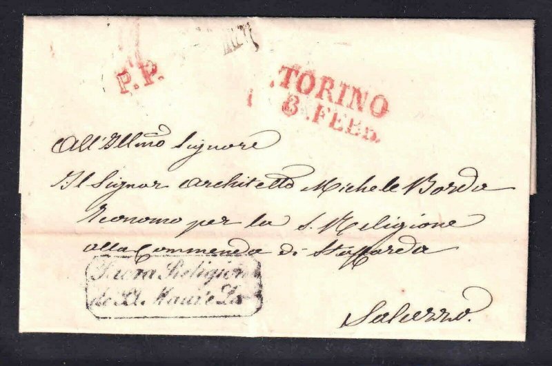 ITALY POSTAL HISTORY 1869 SFL RED TORINO TOWN STAMP + P.P. ORDINE MILITARIO