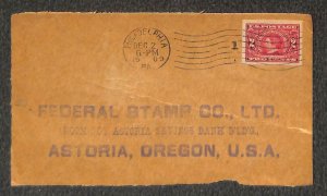 USA #371 STAMP (SUPERB JUMBO) PENNSLYVANIA ASTORIA OREGON DEALER COVER 1909