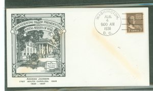 US 812 1938 7c Andrew Jackson (presidential/prexy series)single on an unaddressed first day cover with a Historic arts-Gilbert c