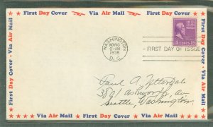 US 824 1938 19c Rutherford B. Hayes (presidential/prexy series) single on an addressed first day cover (no cachet)