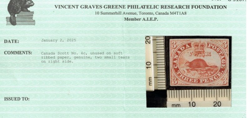 Canada #4c Mint Fine Horizontally Ribbed Paper Unused (No Gum)