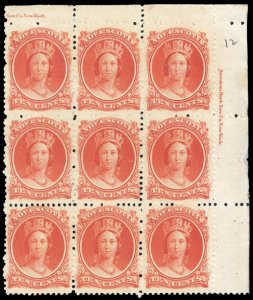 Nova Scotia #12 Cat$180+, 1860 10c vermilion, imprint block of nine, never hi...