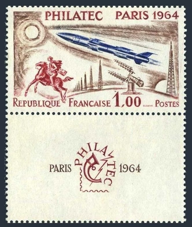 France 1100-bottom label, MNH. PHILATEC Paris 1964. Post-rider, Rocket, Radar.