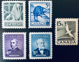 Canada #335//350 Set of 1954 Canadian commemoratives. Five stamps.  Mostly MNH