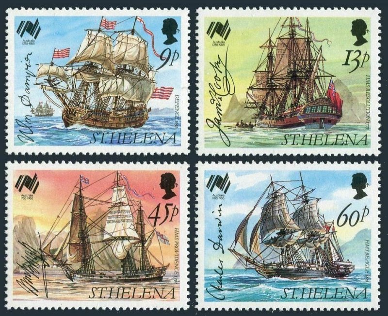St Helena 493-496, MNH. Michel 483-486. Australia-200, 1988. Ships, Signatures.